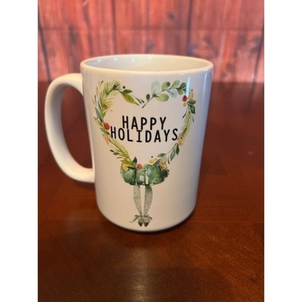 Happy Holidays Ceramic Coffee Mug With Festive heart Design